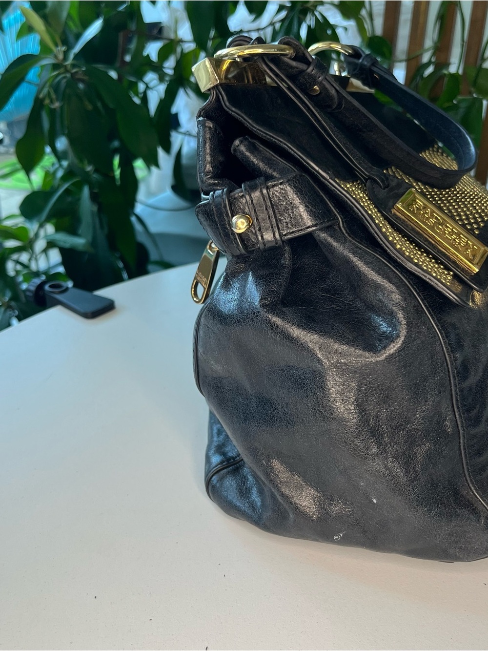 Leather Badgley Mischka Black Satchel with Gold Hardware - Picture 3 of 8